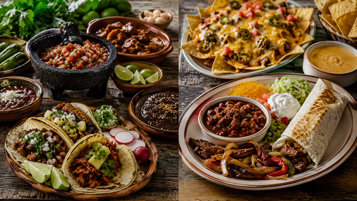 Confronto visivo tra cucina messicana tradizionale e cucina Tex-Mex