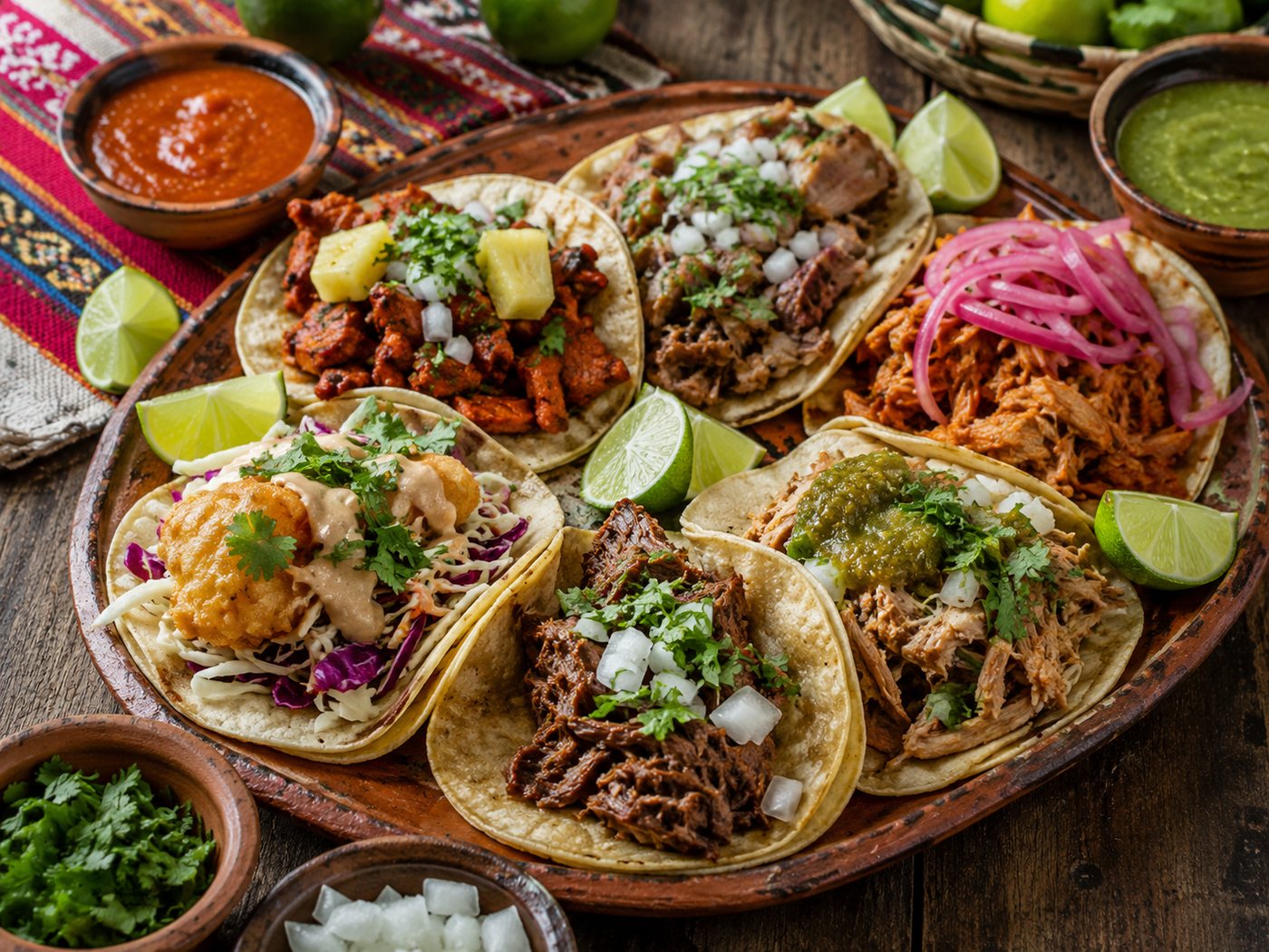 Assortimento di tacos messicani con diverse preparazioni, salse, lime, cipolla e coriandolo