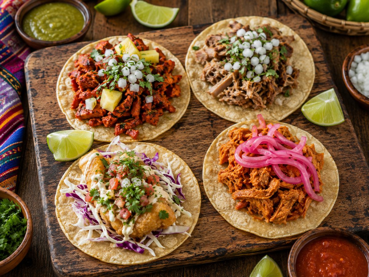 Quattro tacos messicani ispirati a pastor, carnitas, pescado e cochinita pibil