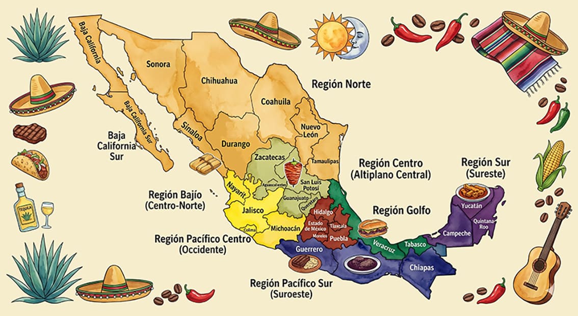 Mappa delle regioni gastronomiche del Messico adottata dall'Accademia della Cucina Messicana di El Rey