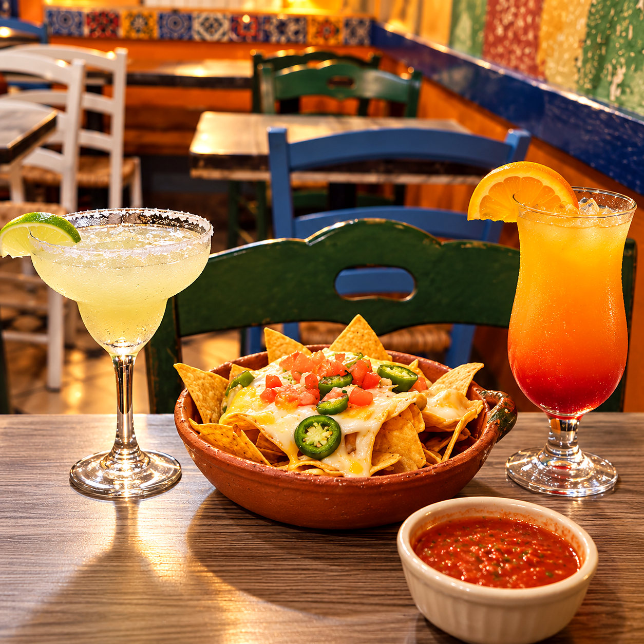 Margarita, cocktail e nachos