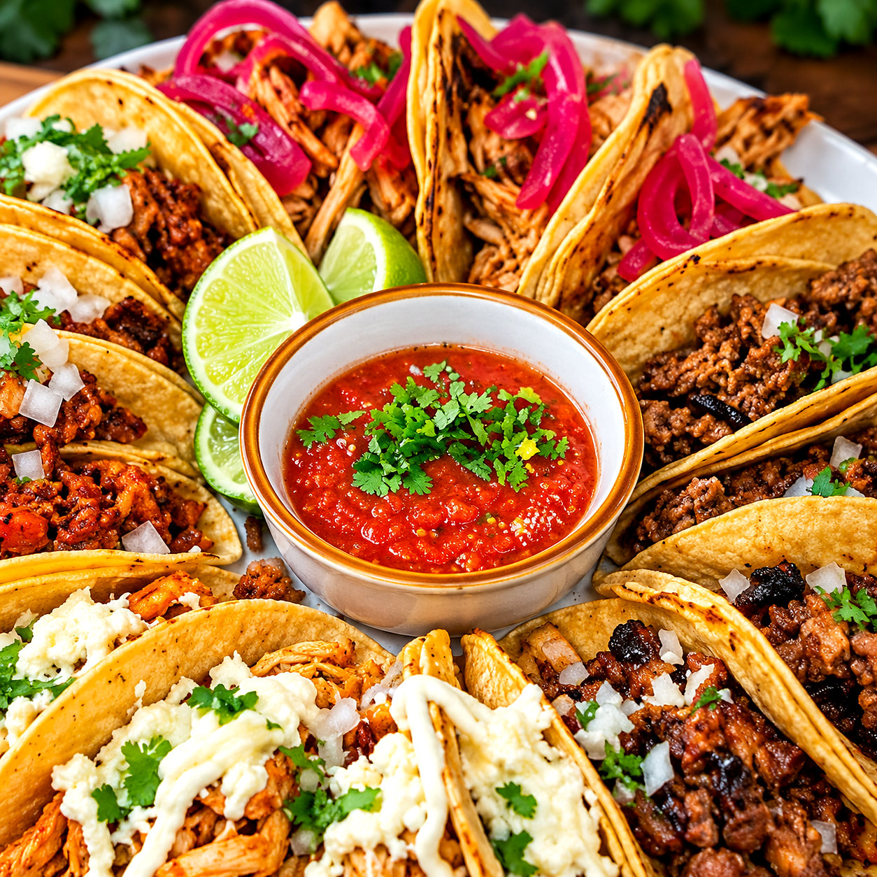 Selezione di tacos con salsa e lime