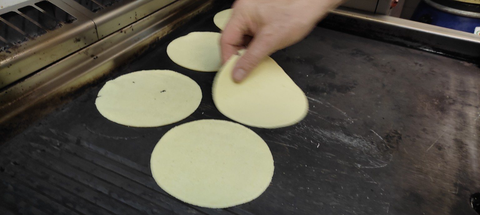 Tortillas di mais appena formate nella cucina di El Rey