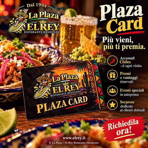 La Plaza Card di La Plaza – El Rey con tacos, guacamole e birra