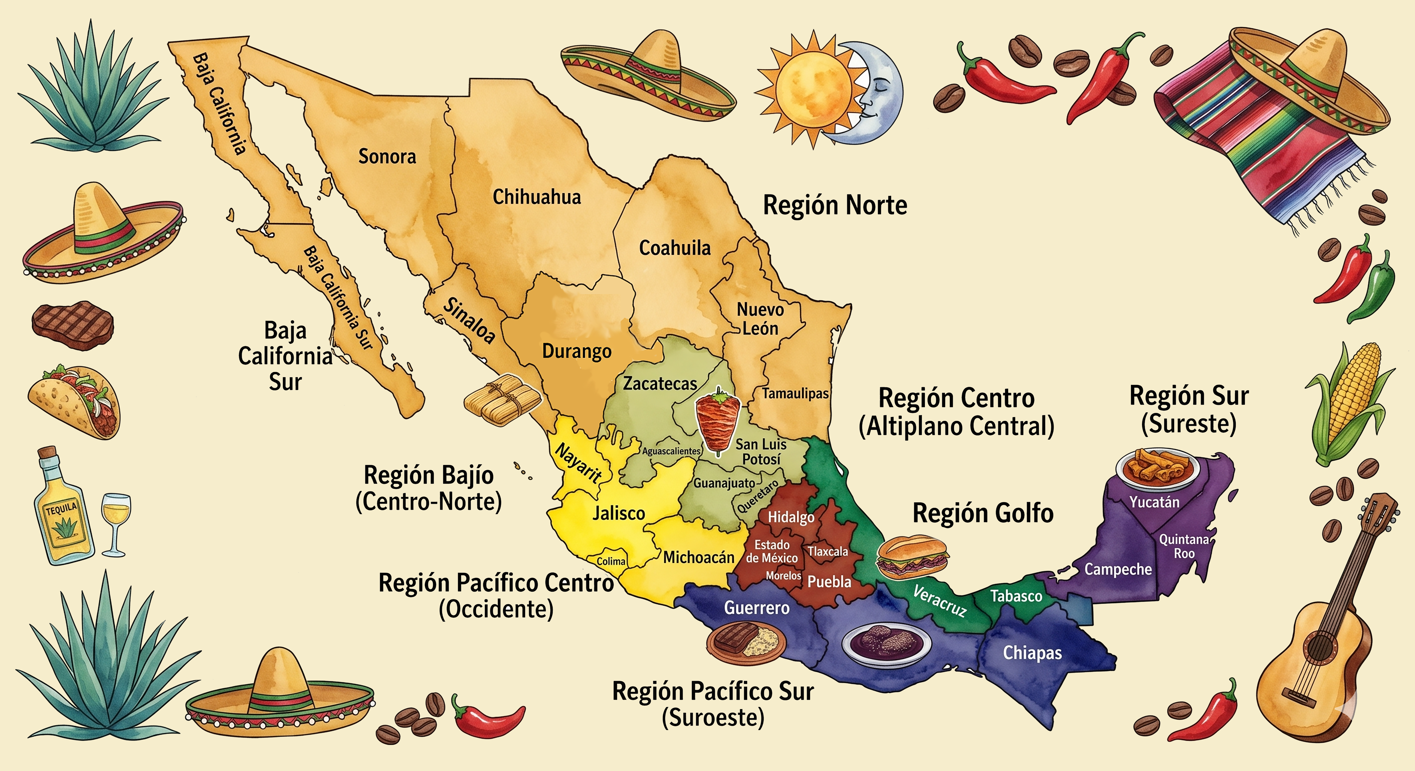 Mappa delle regioni gastronomiche del Messico